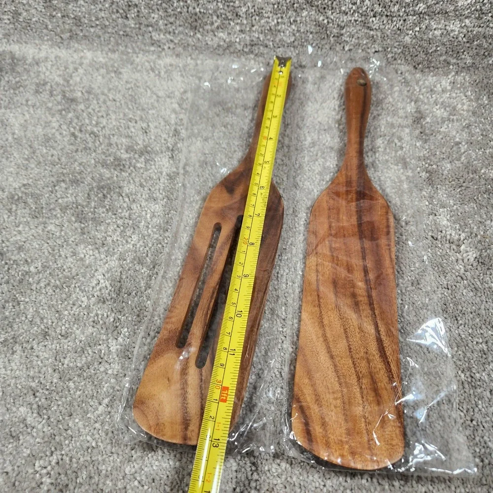 Wooden Salad Server Set Brown Slotted and Solid Paddles